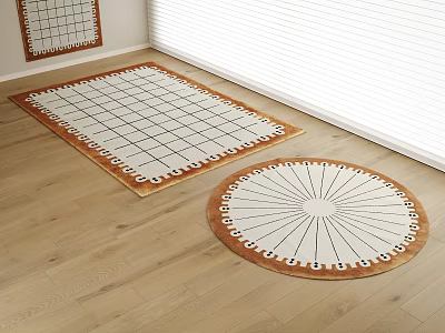 Square Rug with Grid Pattern and Round Radiating Design on Wooden Floor White Blinds Background 3d model