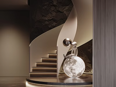 Elegant Spiral Staircase Design With Stone Wall Warm Lighting And Artistic Sculpture 3d model