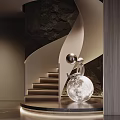 Elegant Spiral Staircase Design With Stone Wall Warm Lighting And Artistic Sculpture