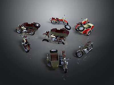 Vintage Classic Motorcycle Models Collection With Sidecar Various Colors And Detailed Designs 3d model