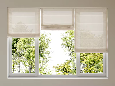 Natural Linen Roman Shades On Window With Green Trees Outside View 3d model