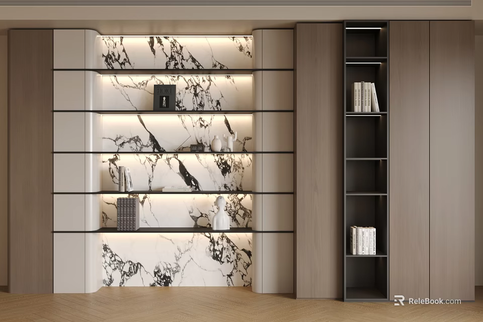 Contemporary Bookcase Interior With LED Lighting Marble Wall And Decorative Shelves 3d model 