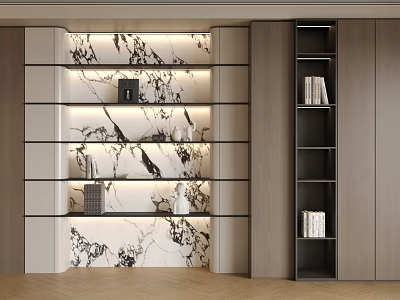 Contemporary Bookcase Interior With LED Lighting Marble Wall And Decorative Shelves 3d model