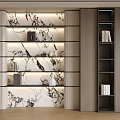 Contemporary Bookcase Interior With LED Lighting Marble Wall And Decorative Shelves