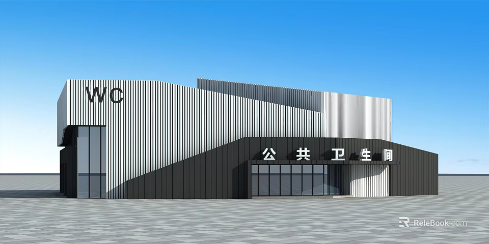Modern Public Toilet Building Exterior With Striped Facade And Glass Windows 3d model 