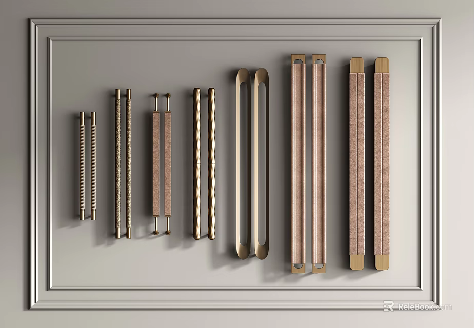 Various Door Handles With Different Designs And Materials Arranged On White Background Frame 3d model 