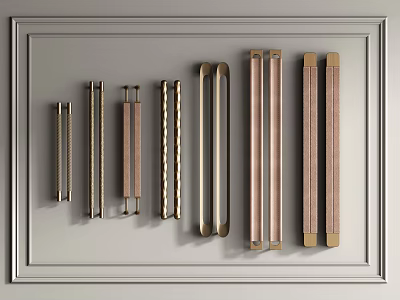 Various Door Handles With Different Designs And Materials Arranged On White Background Frame 3d model