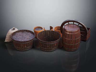 Rustic Wooden Household Storage Containers Including Barrels Buckets And Sack 3d model