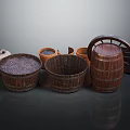 Rustic Wooden Household Storage Containers Including Barrels Buckets And Sack 3d model