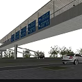 Highway Overpass with Vehicles on Road Flanked by Trees and Blue Structures Above 3d model