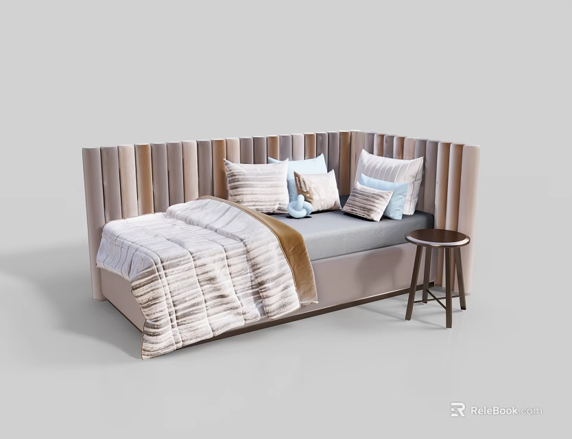 Kids Bed With Striped Upholstered Headboard Soft Pillows Cozy Blanket And Wooden Side Stool 3d model 