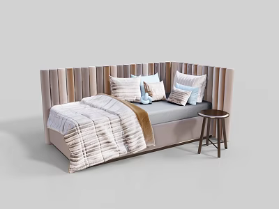 Kids Bed With Striped Upholstered Headboard Soft Pillows Cozy Blanket And Wooden Side Stool 3d model