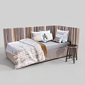 Kids Bed With Striped Upholstered Headboard Soft Pillows Cozy Blanket And Wooden Side Stool
