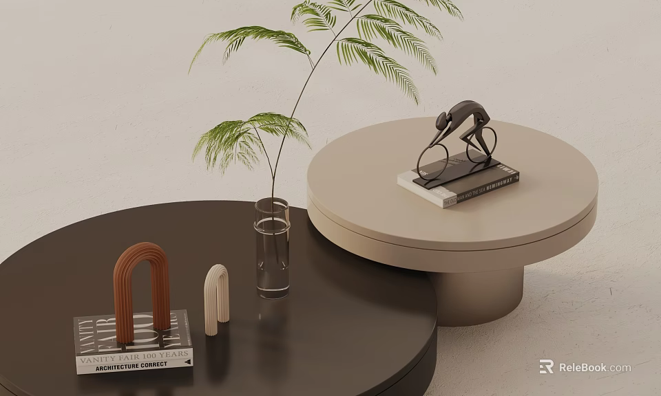 Stylish Coffee Table Set With Black And Beige Round Tables Palm Leaf And Decorative Books 3d model 
