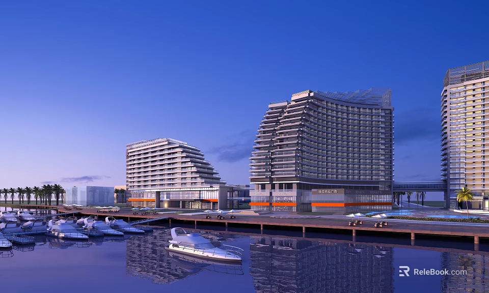 Modern Hotel Buildings Featuring Curved Facades by Marina with Yachts and Water Reflections 3d model 