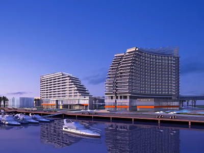 Modern Hotel Buildings Featuring Curved Facades by Marina with Yachts and Water Reflections 3d model