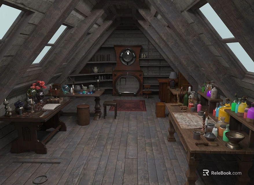 Wooden Attic Interior With Desks Bookshelves Clock Windows Carpet And Bottles 3d model 