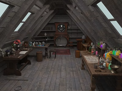 Wooden Attic Interior With Desks Bookshelves Clock Windows Carpet And Bottles 3d model