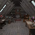 Wooden Attic Interior With Desks Bookshelves Clock Windows Carpet And Bottles
