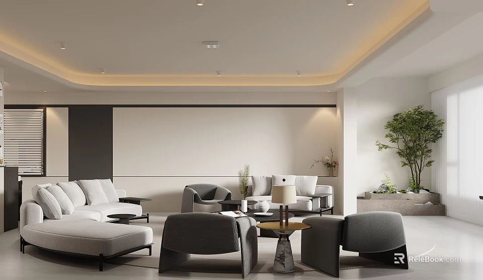 Modern Living Room Interior With White Sofa Armchairs Coffee Table And Potted Plant 3d model 