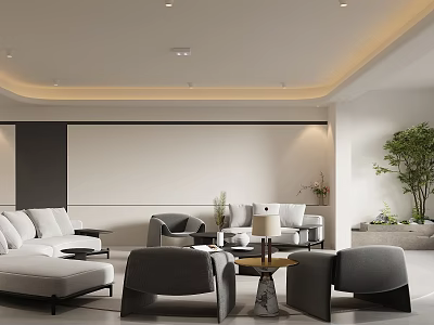 Modern Living Room Interior With White Sofa Armchairs Coffee Table And Potted Plant 3d model