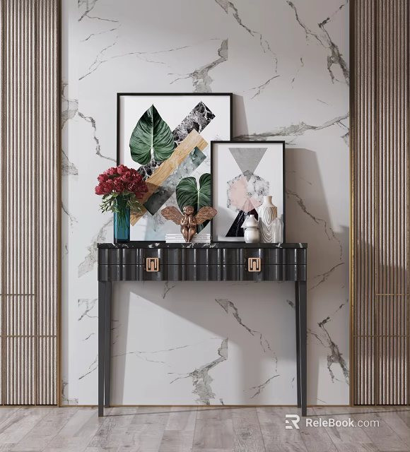 Modern Entryway Console Table with Black Frame Red Flower Vase and Decorative Artworks 3d model 