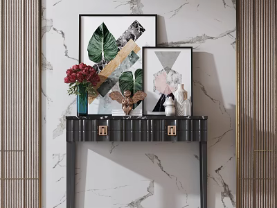 Modern Entryway Console Table with Black Frame Red Flower Vase and Decorative Artworks 3d model