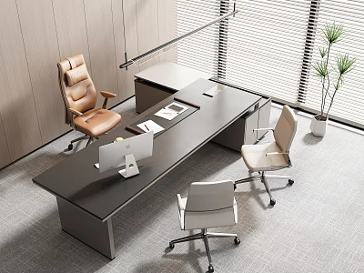 Modern Office Desk With Black Surface Ergonomic Chairs Computer Monitor And Potted Plant 3d model