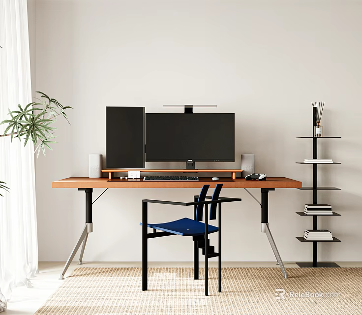 Modern Wooden Desk Setup With Dual Monitors Blue Chair Bookshelf Green Plant And White Curtains 3d model 