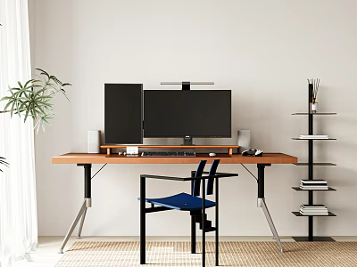 Modern Wooden Desk Setup With Dual Monitors Blue Chair Bookshelf Green Plant And White Curtains 3d model