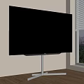 Curved Television With Metal Stand Showing Scenic Water View And City Background