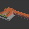 Detailed Architectural Model of Building With Orange Roof Red Walls and Courtyard