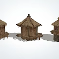 Traditional Rustic Wooden Huts With Thatched Roofs And Simple Rural Design