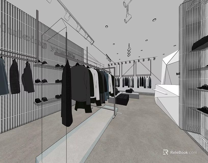 Modern Clothing Store Interior With Hanging Clothes Grid Shelves Shoes And Mirrors 3d model 