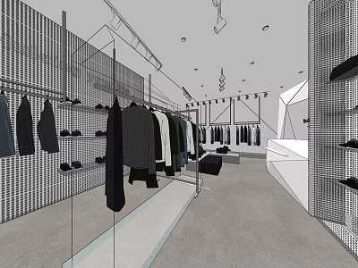 Modern Clothing Store Interior With Hanging Clothes Grid Shelves Shoes And Mirrors 3d model