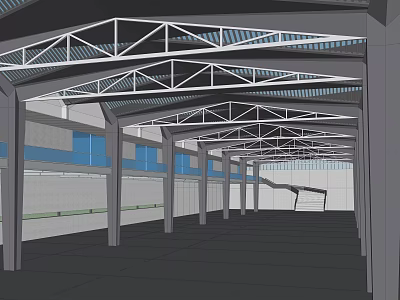 Modern Industrial Building Interior With Metal Framework Arched Roof And Blue Panels 3d model