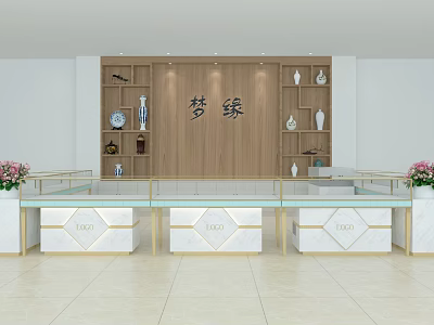 Wooden Display Shelves With Vases Clock Decorative Items And Front Glass Countertop 3d model