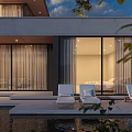 Modern Detached Villa With Swimming Pool Sun Loungers Glass Walls And Evening View