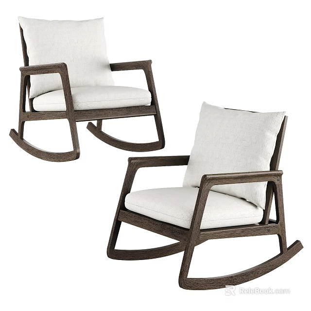 Set of Two Modern Leisure Rocking Chairs With Wooden Frame White Cushions 3d model 