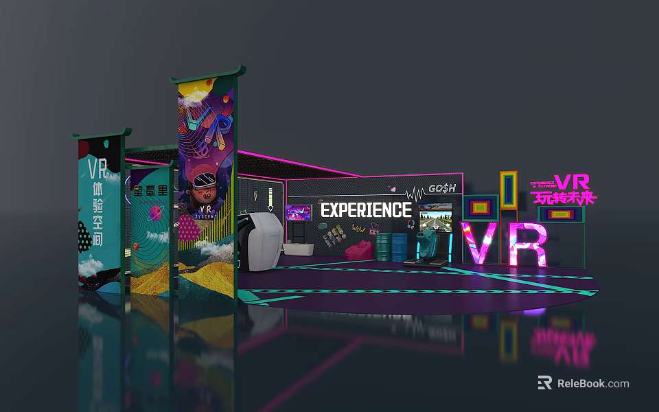 VR Experience Booth With Neon Lighting Colorful Banners And Interactive Displays 3d model