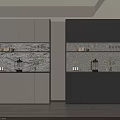 Modern Double Sideboard With Light Dark Grey Cabinets LED Lighting Stone Backsplash And Display Shelves