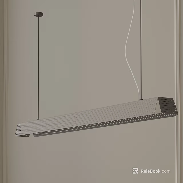 Modern Long Rectangular Metal Pendant Light With Perforated Design Hanging Over Gray Wall 3d model