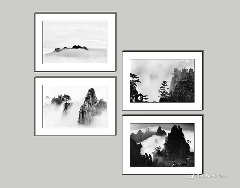 Four Framed Traditional Chinese Landscape Paintings with Misty Mountains Pine Trees and Clouds 3d model 