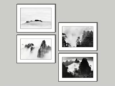Four Framed Traditional Chinese Landscape Paintings with Misty Mountains Pine Trees and Clouds 3d model