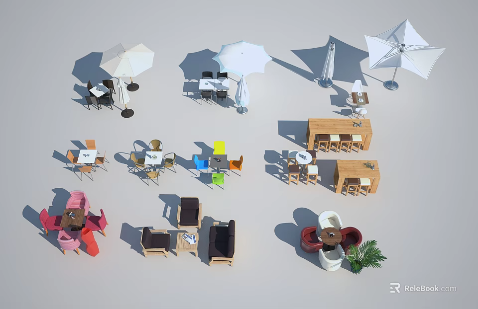 Stylish Wooden Outdoor Table With Umbrella And Colorful Chairs For Garden Patio 3d model 