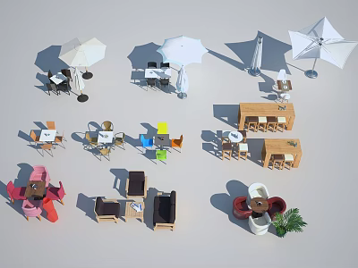 Stylish Wooden Outdoor Table With Umbrella And Colorful Chairs For Garden Patio 3d model