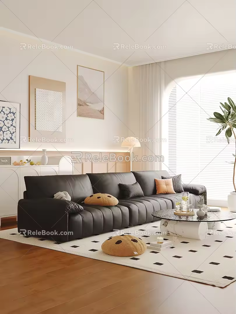 modern three-seat sofa cream home 3d model