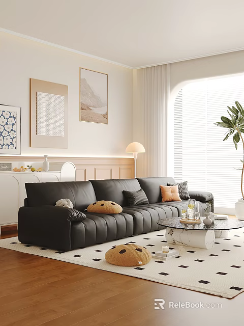 Black Leather Three Seater Sofa with Accent Pillows Round Coffee Table Potted Plant Wall Art 3d model 