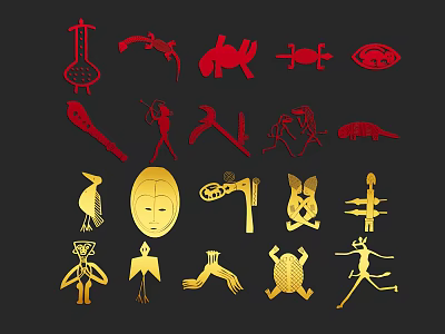 Traditional Cultural Symbols Artwork With Red Gold Animal And Human Designs 3d model