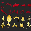 Traditional Cultural Symbols Artwork With Red Gold Animal And Human Designs
